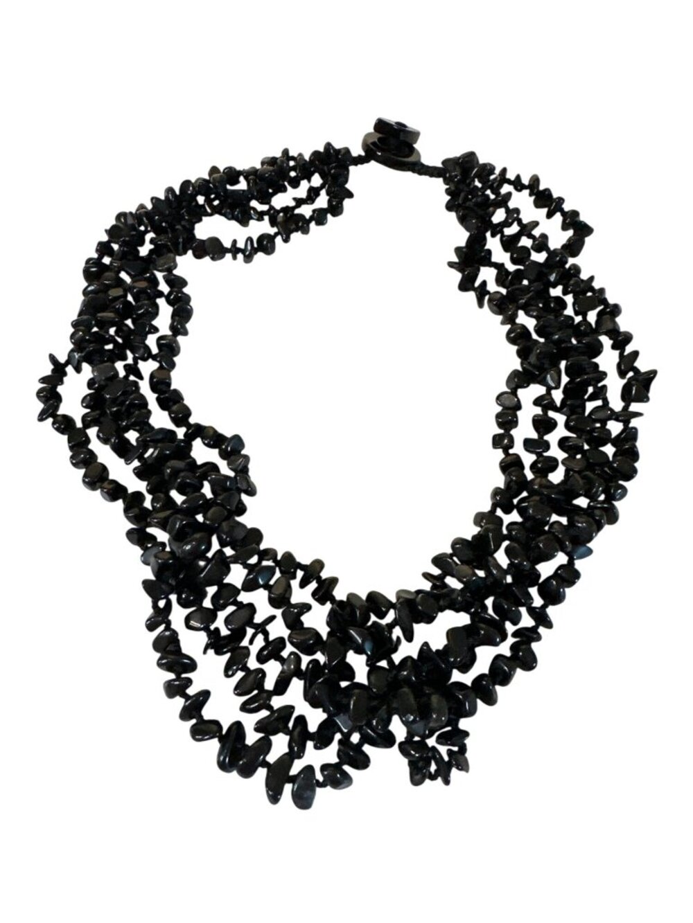 Black Multi-Strand Chunky Beaded Necklace Loop Closure 18" Boho Statement